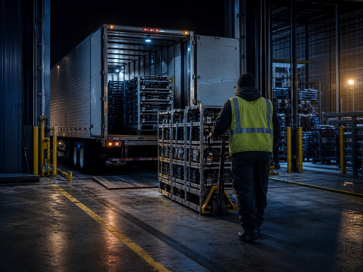 Returnable racks staged and nested under trailer TR-225 before an intersite shuttle transfer