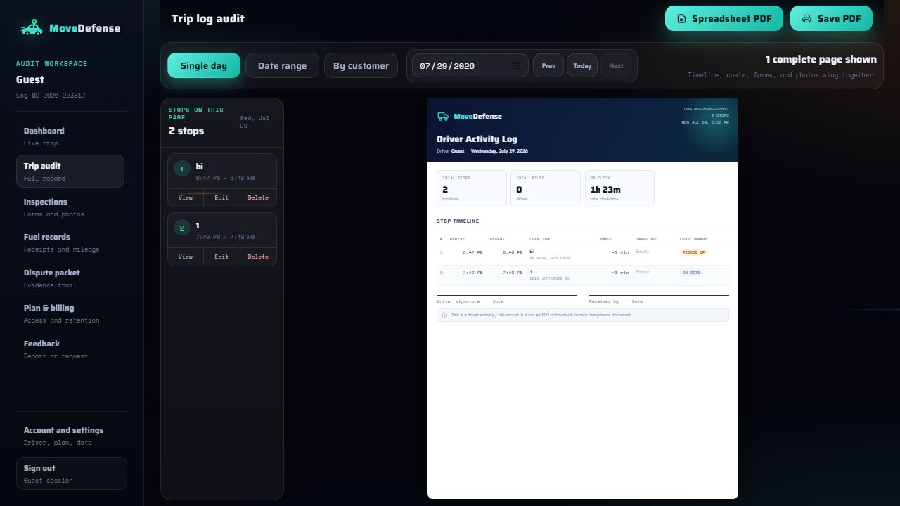 MoveDefense desktop audit workspace showing complete trip record pages, filters, and audit navigation